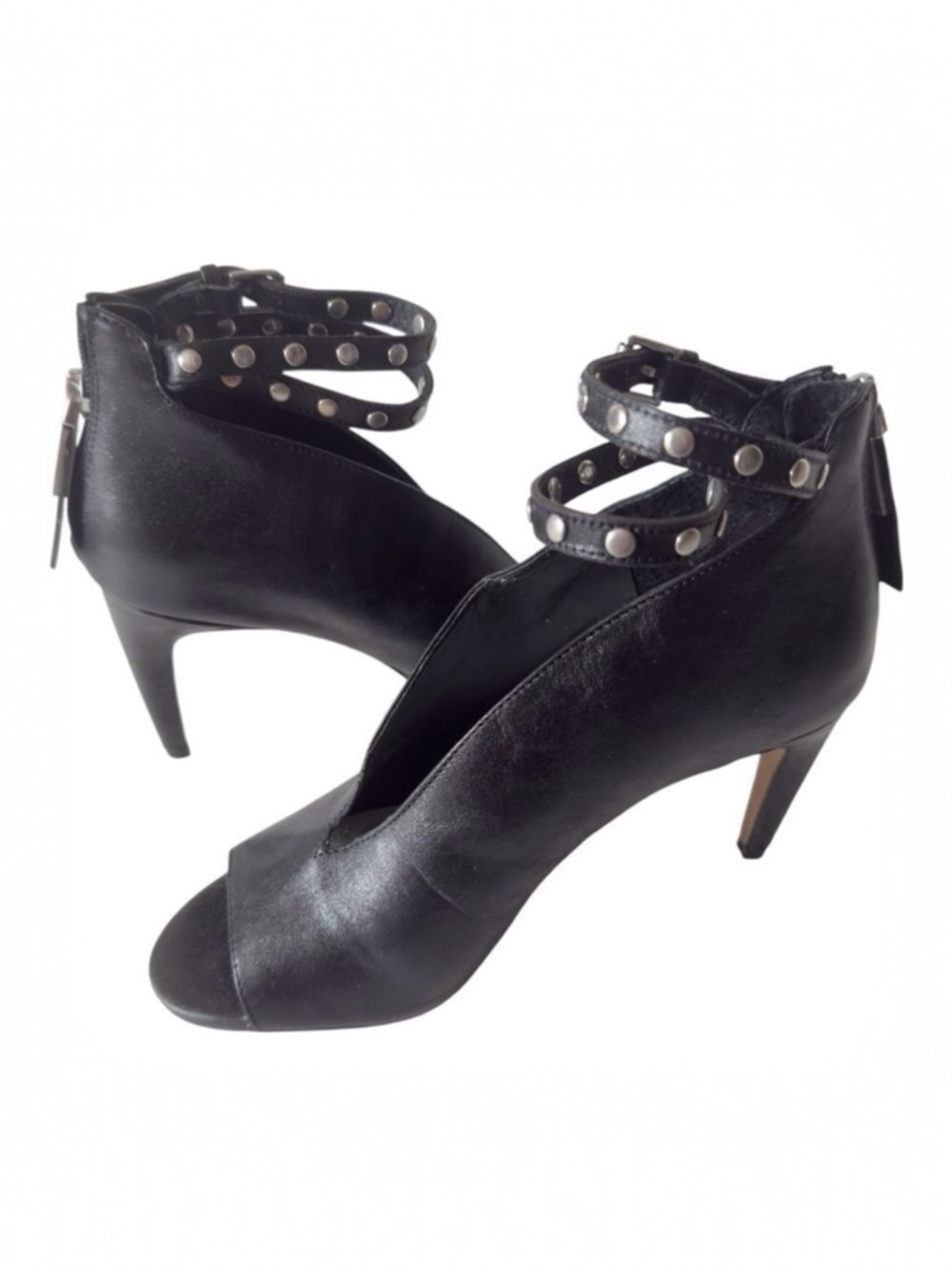 1. Stateβ Black LeatherβMoto Studded Mobwife Ankle Strap Heeled Sandal Size 6.5